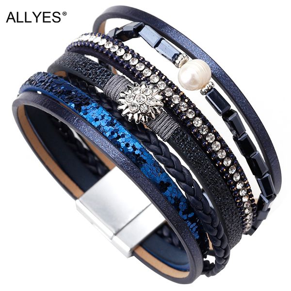 

allyes braided leather bracelets for women boho crystal flower metal charm pearl multilayer wide wrap bracelet female jewelry, Golden;silver