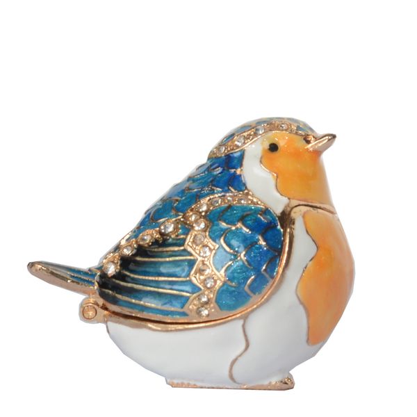 

enameled pewter crystal bejeweled robin bird trinket & jewellery box for necklace, Black;white