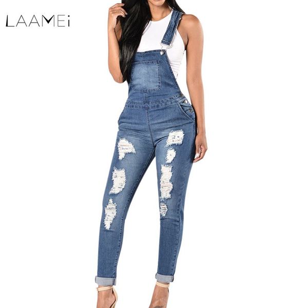 

laamei 2018 new spring women overalls cool denim jumpsuit ripped holes casual jeans sleeveless jumpsuits hollow out rompers 2xl, Black;white