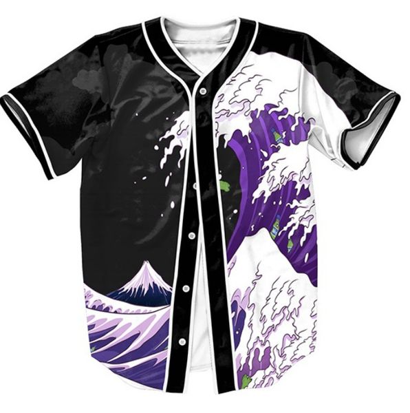 Roxo Ondas Camisa de Manga Curta Overshirt Camisas 3d Streetwear Hip Hop com Único Breasted Camisa de Beisebol MEN Verão