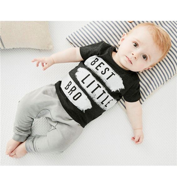 

baby boy clothes set kids summer autumn little bro printing t-shirt + pants newborn baby boys set infant outfits children's clothing, White