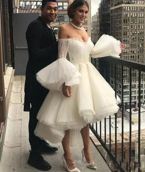 

White High Low Wedding Dress Sexy Off The Shoulder Trumpet Long Sleeves Bridal Gowns Summer Tulle Wedding Dress Cheap