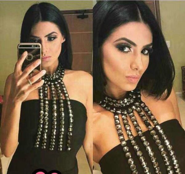 

vestido de noiva 2018 black heavy beading short prom evening dress new halter backless sheath celebrity party dress robe de soriee