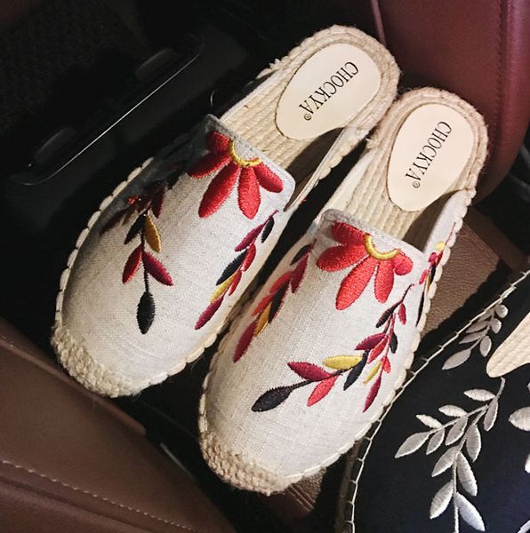 

new women floral mules fashion espadrilles rattan weave fisherman shoe casual street style scuffs embroidery slippers comfort beach sandals, Black