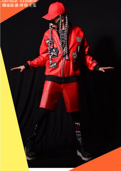 

man han edition of the new boutique personality anchor bar singer stage costumes dance dress red buiter splicing baseball uniform m - 2 xl, Black;red