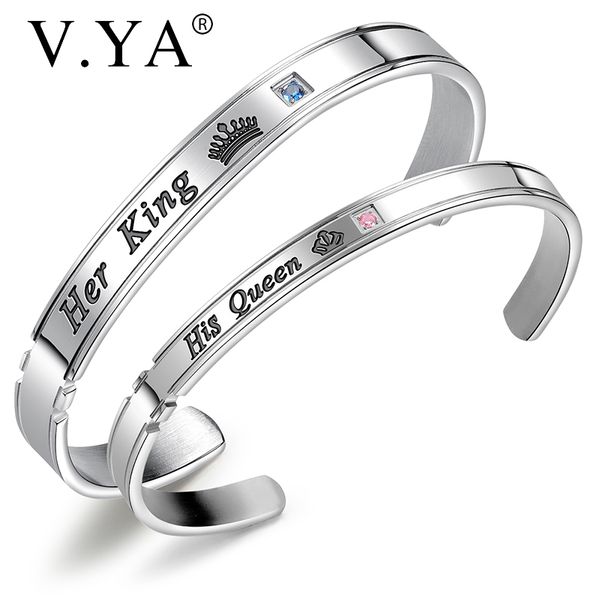

v.ya new style"his queen"and"her king" bracelets for lover couple stainless steel black/rose gold/silver bangle for men, Golden;silver