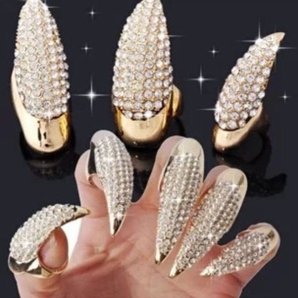 

overstate full rhinestone nail cover rings punk cat demon sharp paws rings gold and black fingers joint rings, Silver