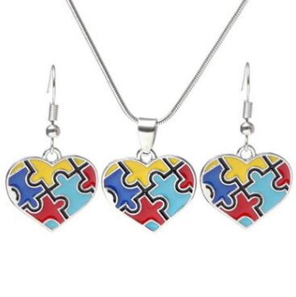 

autism awareness puzzle jigsaw jewelry set colorful fashion square diamond charm necklace earring set bracelet jewelry cca9197 100pcs, Red;brown