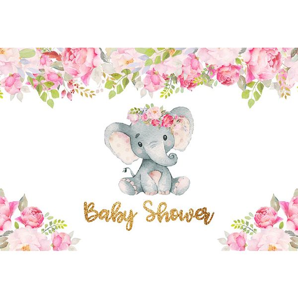 Nouveau-né bébé douche éléphant fille toile de fond imprimé fleurs roses feuilles vertes personnalisé fête d'anniversaire Photo stand fond