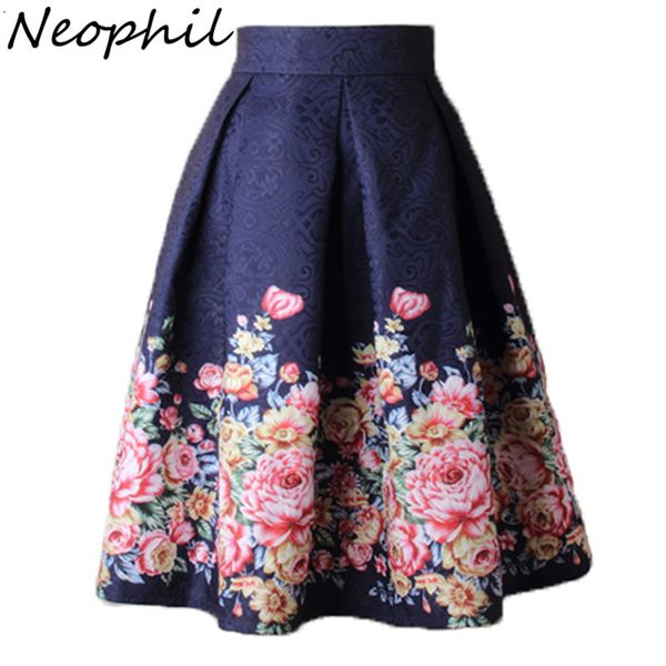 

ladies jacquard flower print pleated ball gown skater midi skirts womens vintage floral high waist saias s1532, Black