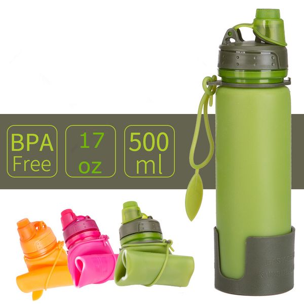 

Collap ible ilicone water kettle folding bottle with lock device 17oz 500ml fda food grade travel portable cup fedex