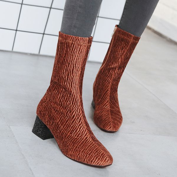 

s.romance 2018 women boots plus size 34-43 female high heels female pumps mid-calf woman shoes socks ladies boots black sb055