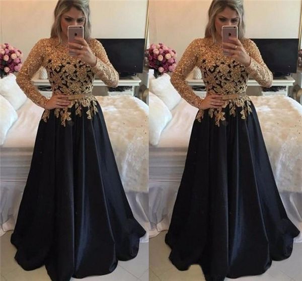 

gold and blakc long sleeve lace prom dresses a line floor length sash satin prom dress formal women evening party gowns, Black
