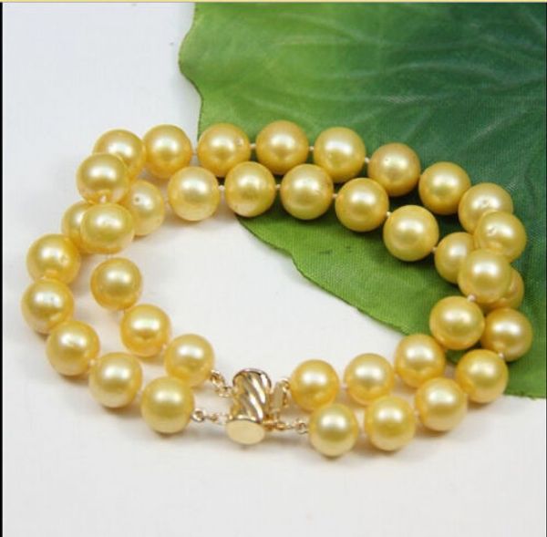 

2 row 10-11mm natural south sea genuine yellow pearl bracelets 7.5''14k, Black
