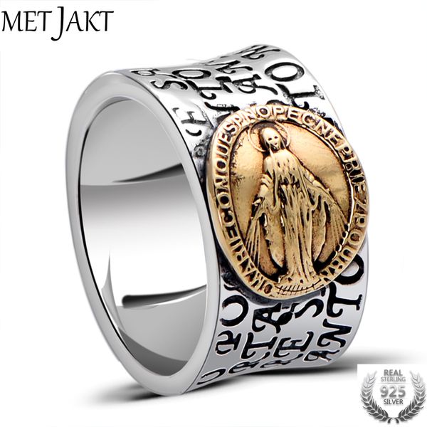 

metjakt virgin mary solid 925 sterling ring with scripture for anniversary religious fine jewelry, Golden;silver