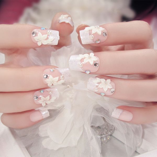 Acheter Set Jolie Strass Fleur Mariée Nail Art Design Préfini Argent Paillettes Faux Ongles Faux Ongles Avec Colle Autocollant De 3523 Du Xiatian3