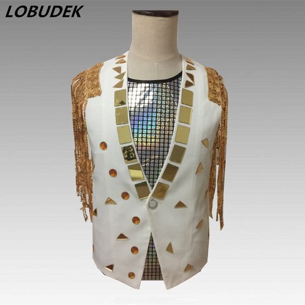 

new tide men punk singer sequins tassels vest sparkly mirrors slim vests coat nightclub dj ds stage outfit hip hop dance costume, Black;white