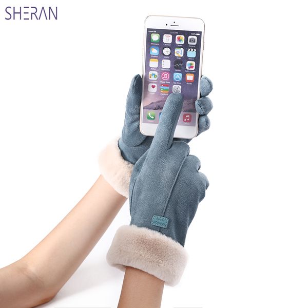 

gloves winter female lace warm cashmere three ribs cute bear mittens double thick plush wrist touch screen driving women gloves, Blue;gray