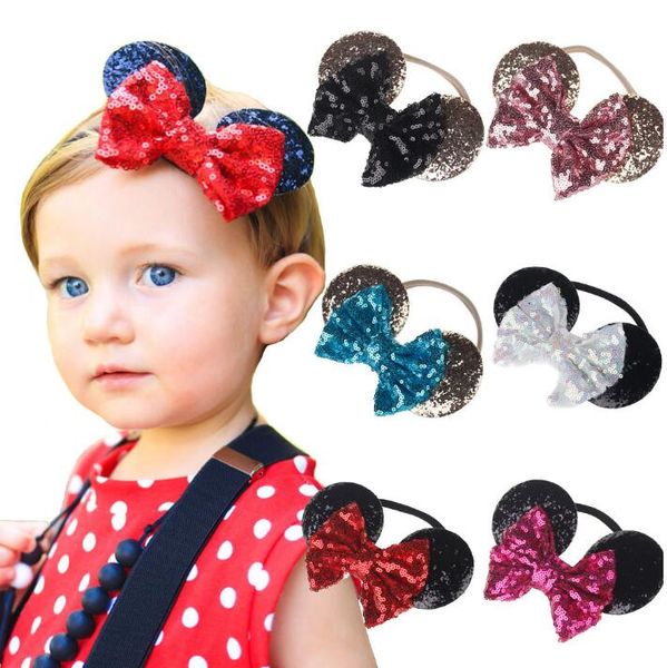 

mouse ears headband for summer girls glitter sequin bow hair band kids birthday party padded ears hairs accessories, Slivery;white