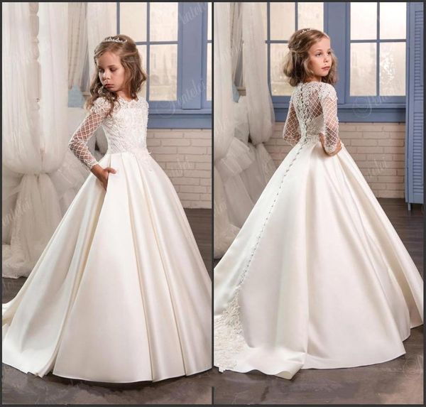 

princess white lace flower girl dresses 2019 new sheer long sleeves first communion birthday party dresses girls pageant dress for weddings, White;red