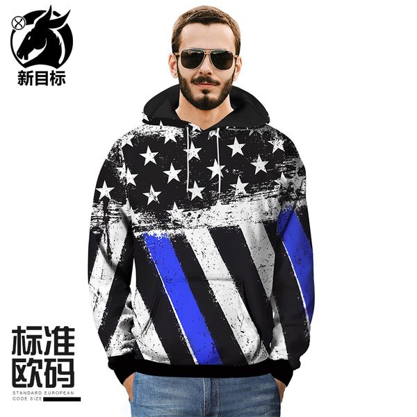 

2018 increased size of foreign trade hoodie men's autumn and winter new creative flag printing fatty men's clothing hoodie, Black