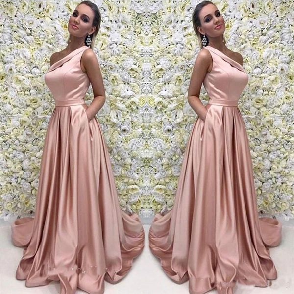 

A Line Pink Long Evening Dresses One Shoulder Satin Formal Prom Party Event Gown Plus Size Custom Made