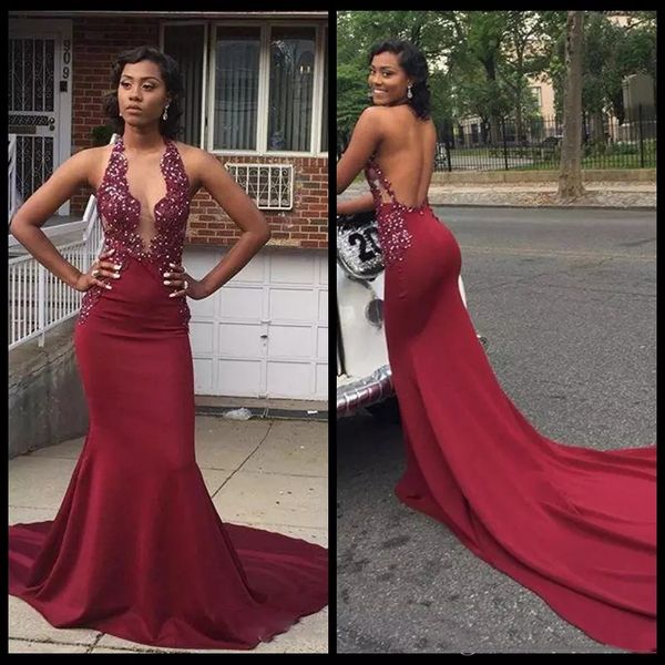 

burgundy african mermaid long evening dresses 2020 with beaded backless v neck chapel train formal prom party gowns, Black;red