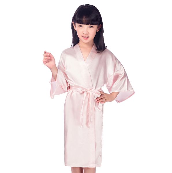 Kids Pink Faux Silk Robe Children Kimono Yukata Gown Bridesmaid Flower Girl Robes Dress Child Nightgown Babies Home Wear JA15