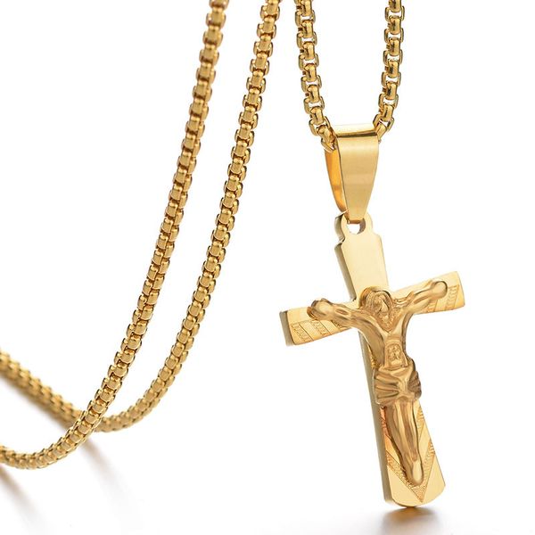

golden jesus cross necklaces pendants for men gold color stainless steel chains crucifix necklace male christian jewelry gift, Silver