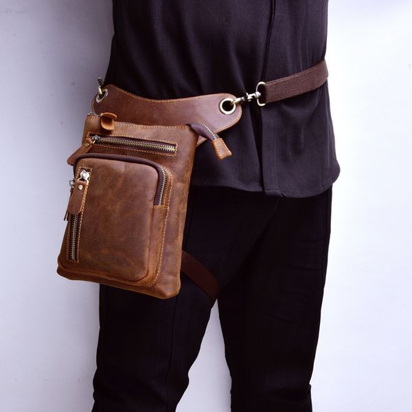 

vintage men waist belt pack genuine leather shoulder messenger bag fanny pack motorcycle rider thigh bum hip drop leg bag male