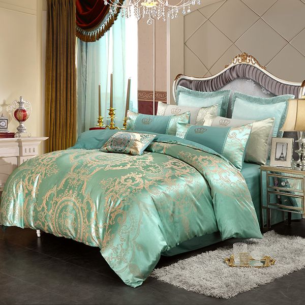 Gold White Blue Jacquard Silk Bedding Set Luxury Satin Bed Sets