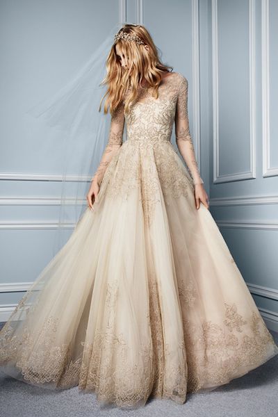

new champagne a line long illusion sleeve lace wedding dress modest draped princess tulle bridal gowns stunning modern custom made top, White