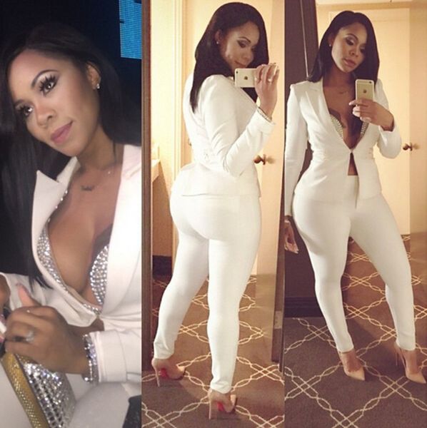 

long sleeve v-neck slim skinny business suits with coat and pants spring and summer women's casual suit, White;black