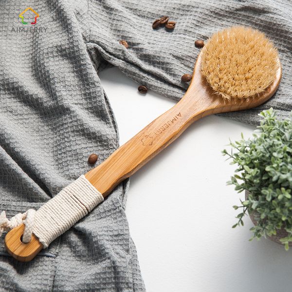 

aimjerry natural bristle long anti-slip handle wooden body maasage health care bath brush for bath body scrub