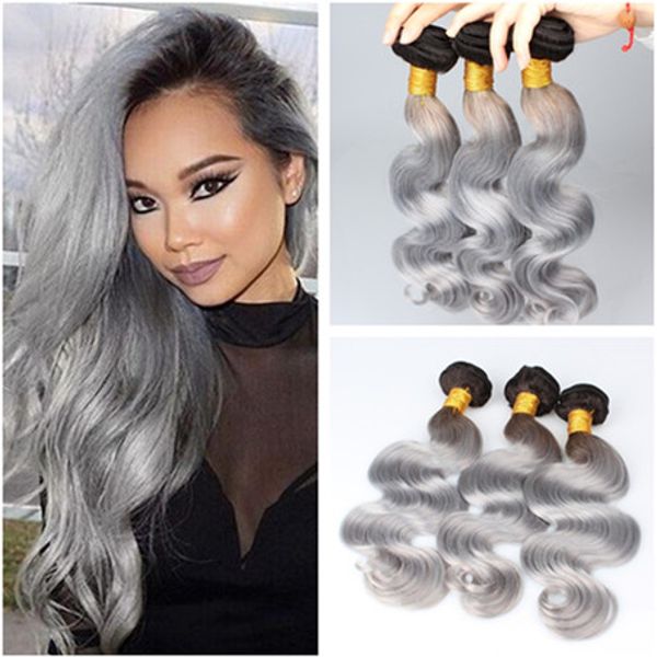 

dark root 1b/grey 2tone ombre indian virgin human hair 3pcs bundles deals body wave wavy ombre silver grey human hair weaves extensions, Black