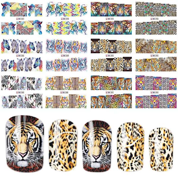 

12 designs in 1 set fashion style nail sticker water transfer tiger leopard animal full tip nail art tool bebn85-96, Black