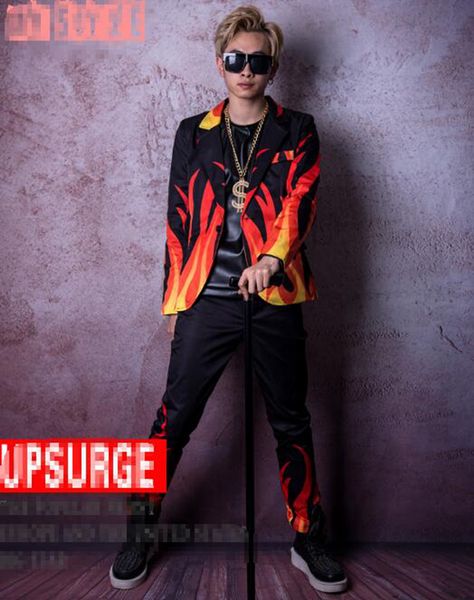 

man han edition of the new fashion boutique personality anchor bar singer stage costumes dance suit coat shows the flame pattern m-2xl, Black;red