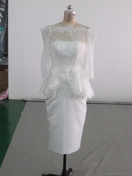 

real ps custom lace long sleeve wedding dresses off shoulder knee length illusion back button white muslim sheath bridal gown