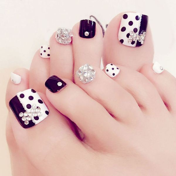 

24pcs / set black white rhinestone art tips false toe fake nails manicure tools j33, Red;gold