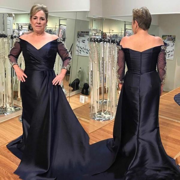 

Modest Off Shoulder Plus Size Mother Dresses Formal Wear Navy Blue Evening Party Wedding Guest Dress 2018 Mother Of The Bride Dress Suit Gow