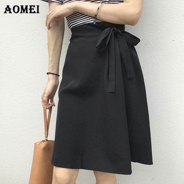

women skirt high waist belt bowtie a line skirts office ladies casual summer solid black elegant jupes female faldas saias 2018