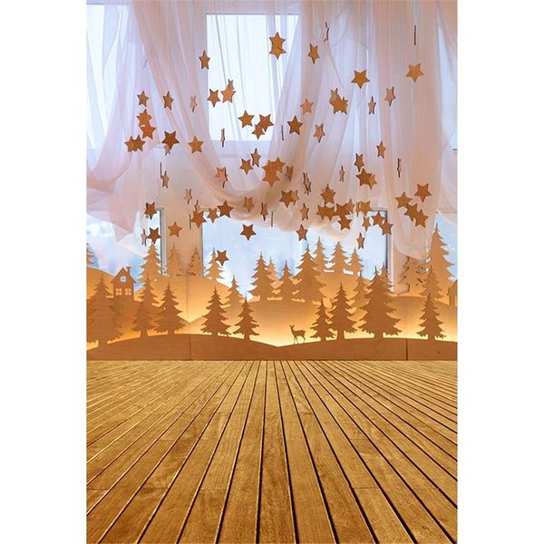 Innenfenster Fotografie Hintergrund Gedruckt Vorhang Sterne Dekor Papierschnitt Wüste Land Bäume Kinder Märchen Hintergrund Holzboden