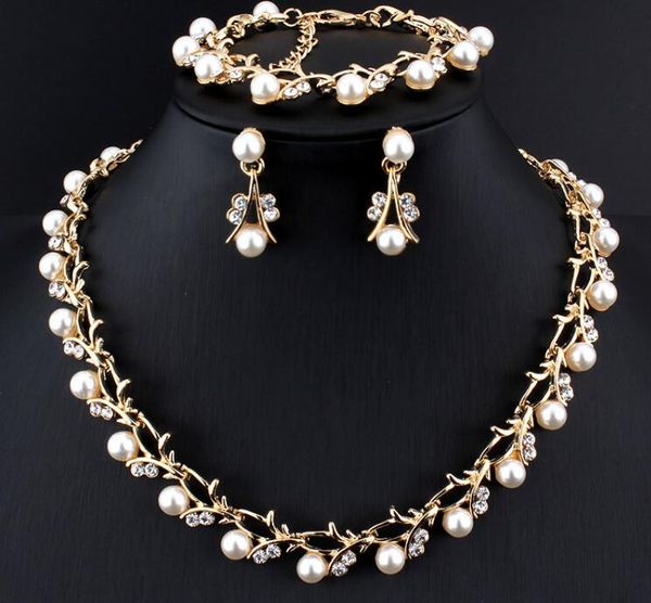 

jewelry gold-color jewelry set classic pearl necklace for women clear crystal elegant party gift fashion costume, Black