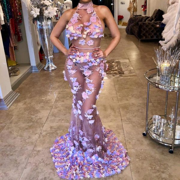 Attraktives durchsichtiges Ballkleid mit 3D-Blumenapplikationen, modisches Stehkragen, ärmelloses Promi-Partykleid, sexy Tüll-Meerjungfrau-Abendkleid