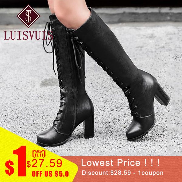

luisvuis fashion women high heel boots zipper lace up vintage winter shoes women warm fur thick heel knight boots size 34-43, Black