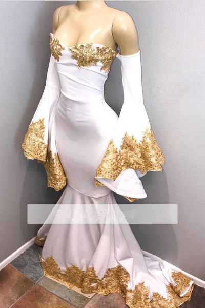 

Sweetheart Long Mermaid Prom Dresses Gold Appliques off the Shoulder Evening Gowns Long Puffy Arabic Formal Gowns Custom Made
