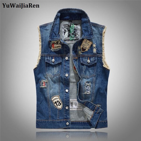 

yuwaijiaren casual fashion hip hop denim vest men cotton spliced vintage hole punk sleeveless denim jacket brand clothing, Black;white