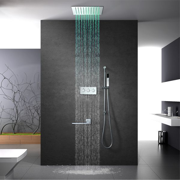 

luxury multi color change led rainfall showerhead recessed ceiling mounted 4 functions shower faucets set with slide bar massage