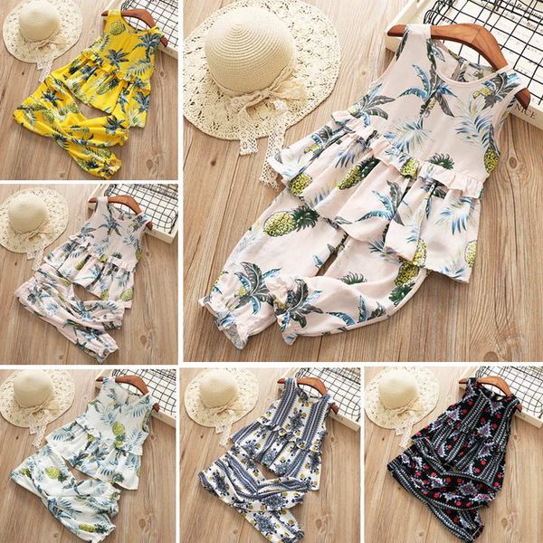 

New girs Kids clothing 100% Cotton Full Pineapple or flowers Print girl's set causal summer girl Sleeveless shirt+ short kids clothing sets