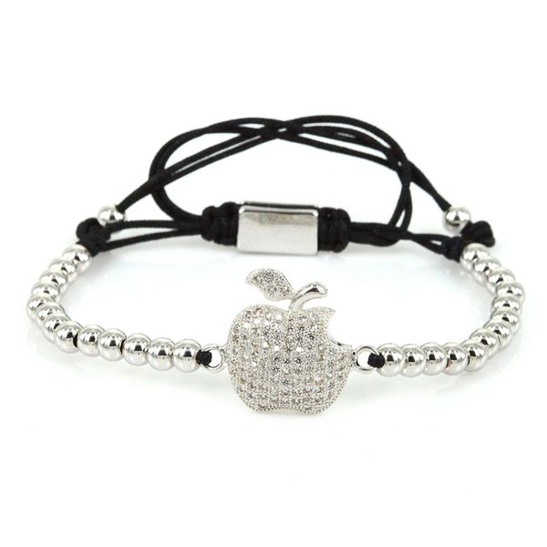 

unique design apple charm bracelet pave white cz apple charm connector 4mm round beads macrame braiding bracelets for girl women, Golden;silver